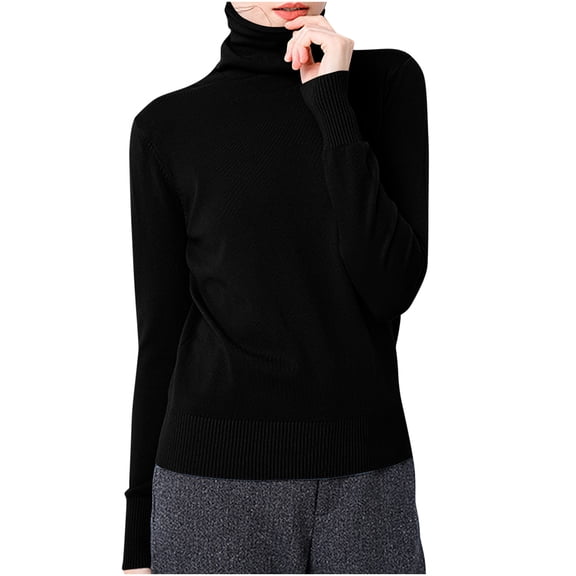Ecqkame Knitted Base Sweater For Women Fashion Turtle Neck Long Sleeve Blouse Loose Solid Color Pullover Sweater A-Black XL