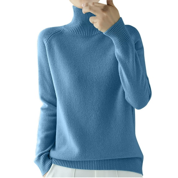 Ecqkame Knitted Base Sweater For Women Fashion Turtle Neck Long Sleeve Blouse Loose Solid Color Pullover Sweater B-Blue XXL