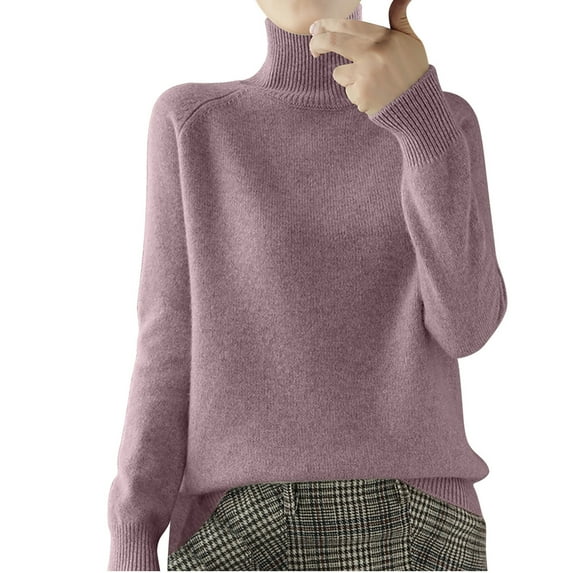 Ecqkame Knitted Base Sweater For Women Fashion Turtle Neck Long Sleeve Blouse Loose Solid Color Pullover Sweater B-Purple M