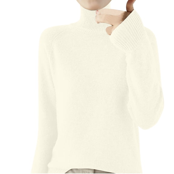 Ecqkame Knitted Base Sweater For Women Fashion Turtle Neck Long Sleeve Blouse Loose Solid Color Pullover Sweater B-White L