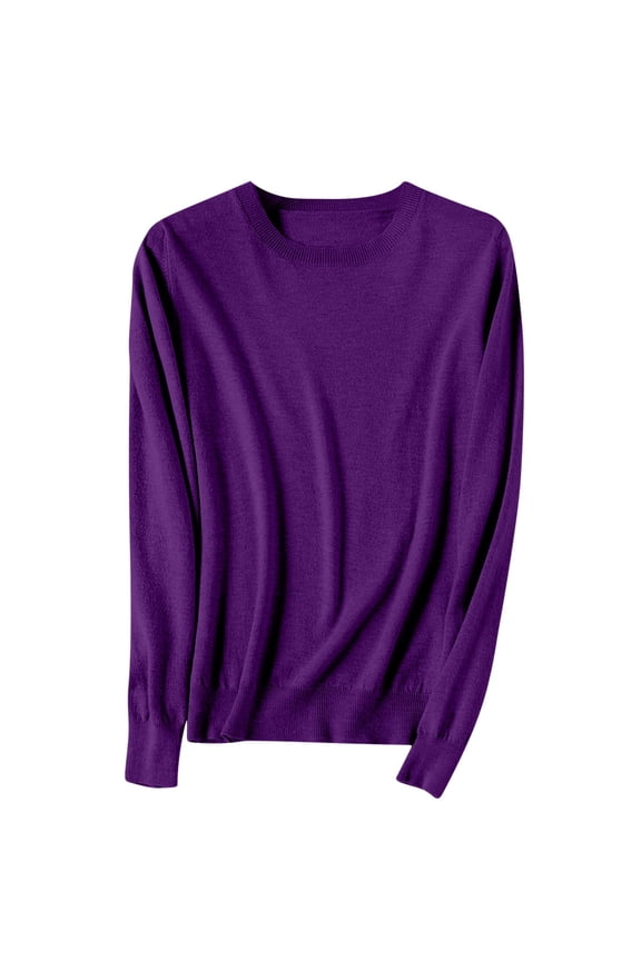 Knitted Sweater For Women Crew Neck Long Sleeve Pullover Basic Shirt Loose Solid Lightweight Fall Sweater A-Purple B M