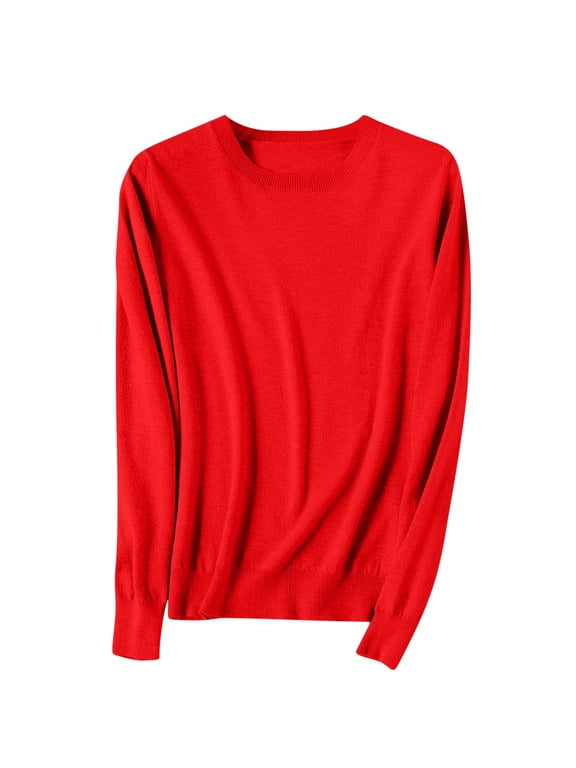 Knitted Sweater For Women Crew Neck Long Sleeve Pullover Basic Shirt Loose Solid Lightweight Fall Sweater A-Red XXL