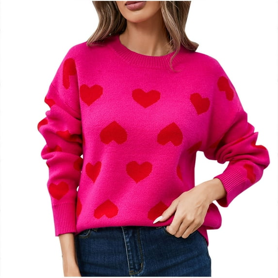 Ecqkame Knitted Sweater For Women Round-Neck Heart Printed Long Sleeve Pullover Loose Sweater Hot Pink L
