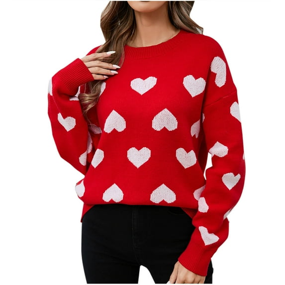 Ecqkame Knitted Sweater For Women Round-Neck Heart Printed Long Sleeve Pullover Loose Sweater Red L on Clearance