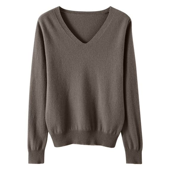Ecqkame Knitted Sweater For Women V Neck Long Sleeve Pullover Basic Shirt Loose Solid Lightweight Fall Sweater B-Coffee M