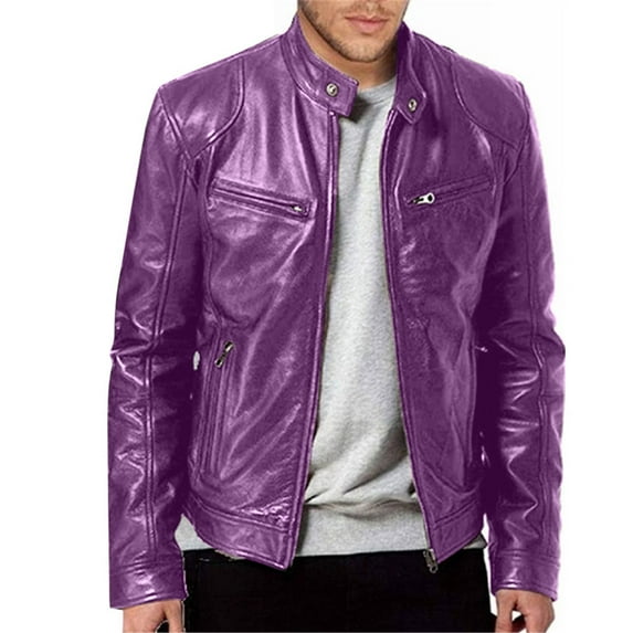 Ecqkame Leather Jacket Men Winter Motorcycle Long Sleeve Jackets Zip Up Stand Collar Club Coat Rain Jacket Men with Pocket B-Purple L on Clearance