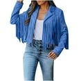 thumbnail image 1 of Ecqkame Leather Jacket Women Faux Suede Leather Fringe Coat Cowboy Style Long Sleeve Tassels Cardigan Jecket Blue M, 1 of 8