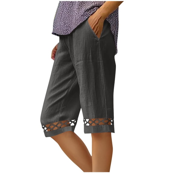 Ecqkame Linen Bermuda Shorts for Women Knee Length Causal Loose Elastic Waist Buttons Summer Beach Shorts with Pockets Gray XXL