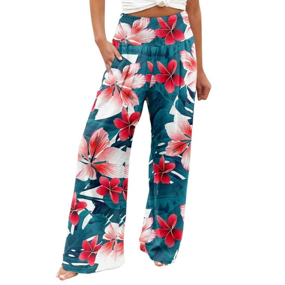 Summer Savings Clearance! Ecqkame Women's Pants Wide Leg Casual Pants Lightweight Elastic High Waisted Loose Summer Trousers palazzo pants Army Green XL