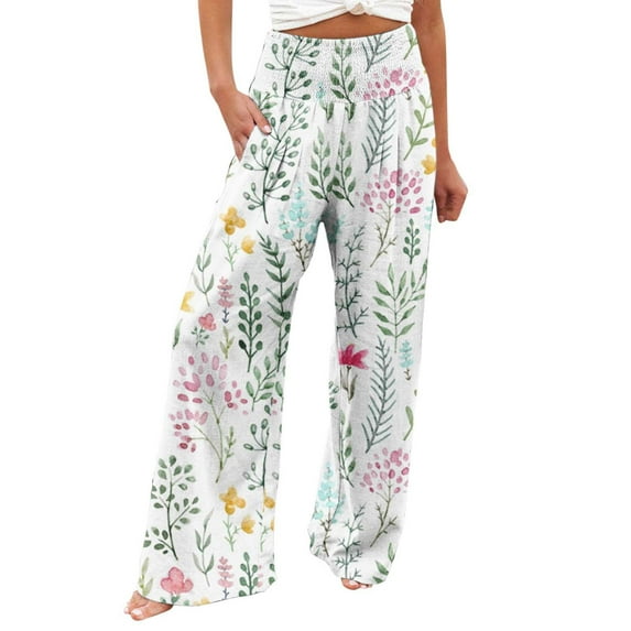Ecqkame Linen Pants Women Summer Clearance Women Casual Printing Pockets Elastic Waist Comfortable Straight Loose Pants White XXL