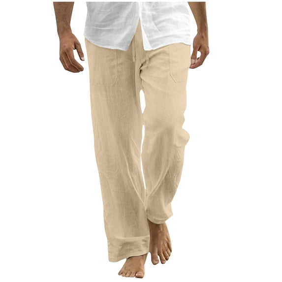 Ecqkame Linen Pants for Men Casual Loose Elastic Waist Drawstring Trousers Wide Leg Beach Vacation Long Pant Khaki XXXL