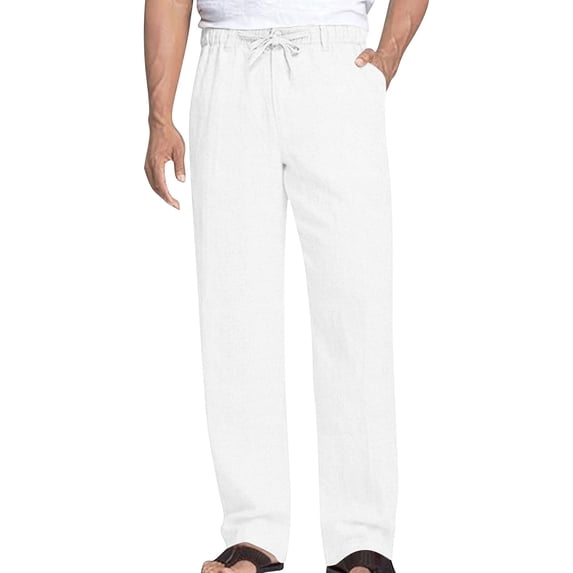 Ecqkame Linen Pants for Men Casual Straight Leg Elastic Waist Drawstring Baggy Pant Lightweight Daily Versatile Beach Pocket Pants White M