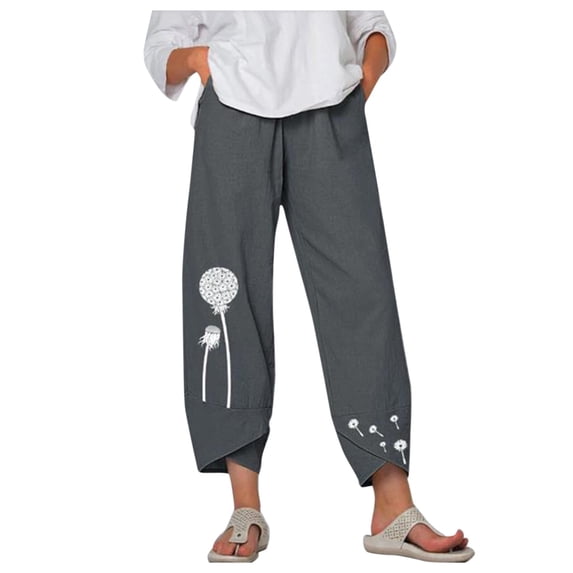 Ecqkame Linen Pants for Women Clearance Women Lady Casual Flowers print Elastic Girdle Waist Wide Leg Pants Trousers Dark Gray M
