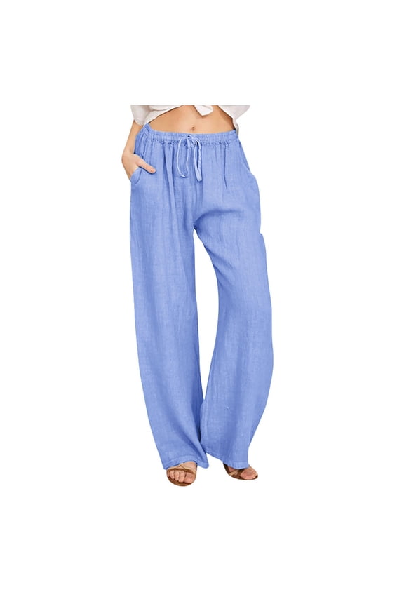 Linen Pants for Women Women's Casual Trousers Solid Drawstring Waist Long Pants With Pocket Light Blue XL