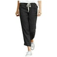 thumbnail image 1 of Ecqkame Linen Pants for Women Women's casual drawstring elastic waist cotton linen nine-quarter pants Black XXL, 1 of 5