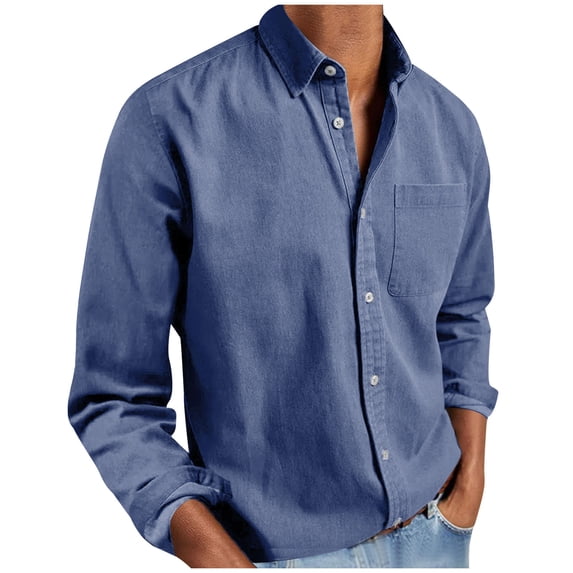 Ecqkame Long Sleeve Shirts for Men Solid Color Button Down Turndown Collar Shirt Loose Business Casual Wrinkle Free Work Tops Blue M