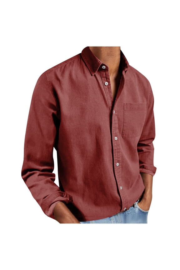 Long Sleeve Shirts for Men Solid Color Button Down Turndown Collar Shirt Loose Business Casual Wrinkle Free Work Tops Red XXXXL