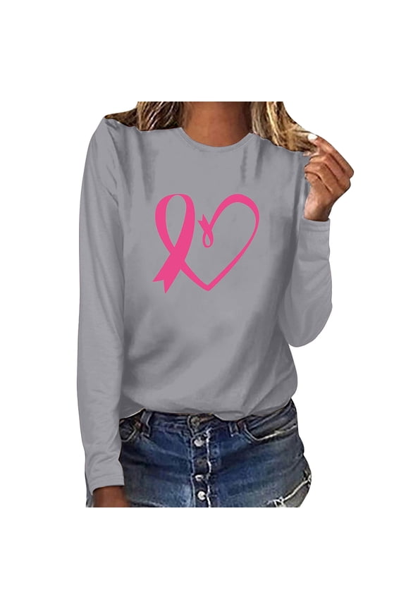 Ecqkame Long Sleeve Shirts for Women Breast&nbsp;Gland Problem T-Shirts Pink Printed Crew Neck Pullover Casual Tops D-Gray M
