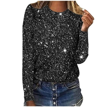 Ecqkame Long Sleeve Shirts for Women Casual Round Neck Tops Pullover Printed T-Shirt Fall 2024 Lightweight Loose Sweatshirts B-Black L on Clearance