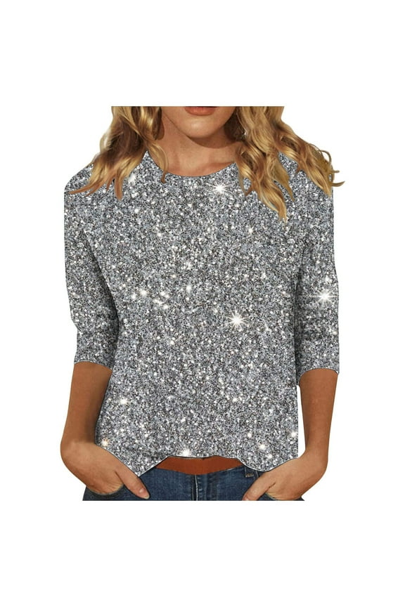 Long Sleeve Shirts for Women Sparkling Casual Loose Round Neck Tunic Blouses Trendy Lightweight Comfortable Tees Tops Silver XXL