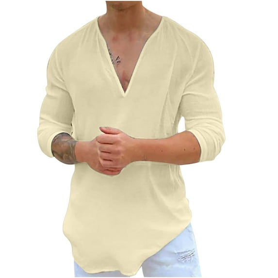 Ecqkame Long Sleeve T Shirts for Men Casual Lightweight Pullover Tops V-Neck Breathable Blouse Khaki XXL