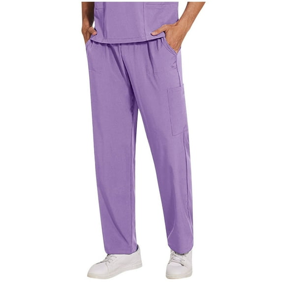 Ecqkame Man's Solid Color Straight Pants Elastic Waist Drawstring Outdoor Pants Multiple Pockets Lightweight Worker Pants 01-Purple L
