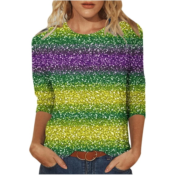 Ecqkame Mardi Gras Shirts For Women Carnival Graphic Print 3/4 Sleeve Round Neck Party Tops Casual Loose Blouses Green S