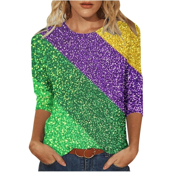 Ecqkame Mardi Gras Shirts For Women Carnival Graphic Print 3/4 Sleeve Round Neck Party Tops Casual Loose Blouses Green S