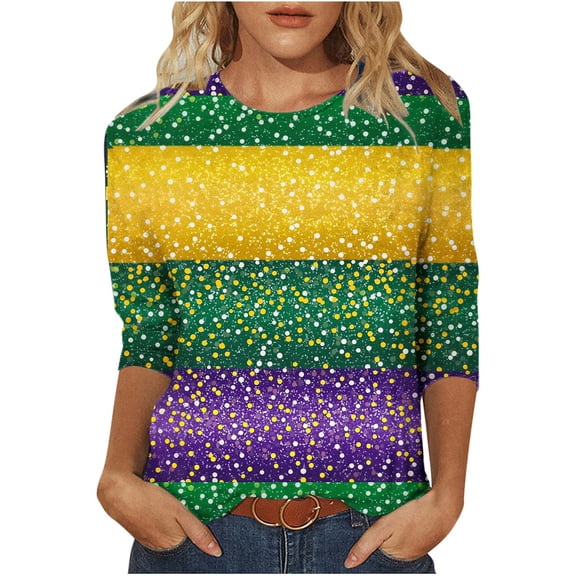 Ecqkame Mardi Gras Shirts For Women Carnival Graphic Print 3/4 Sleeve Round Neck Party Tops Casual Loose Blouses Purple S