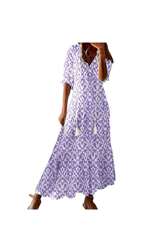 Maxi Dress for Women Beach Vacation Casual Spring And Summer V-neck Three-quarter Sleeve Printed Dress Purple S