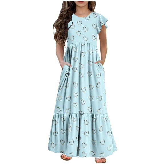 Ecqkame Maxi Dresses for Girls 2024 Child Short Sleeve Casual A-Line Flowy Summer Dress Kid Crew Neck Casual Love Heart Dresses with Pocket T-Light Blue 10-11 Years