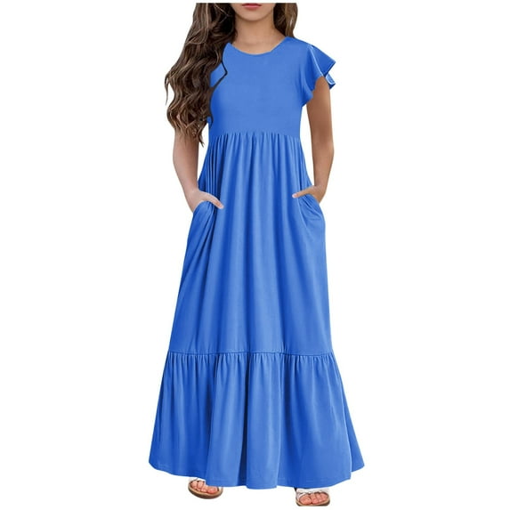 Ecqkame Maxi Dresses for Girls 2024 Child Short Sleeve Casual A-Line Flowy Summer Dress Kid Crew Neck Casual Solid Dresses with Pocket A-Blue 8-9 Years