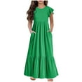 thumbnail image 1 of Ecqkame Maxi Dresses for Girls 2024 Child Short Sleeve Casual A-Line Flowy Summer Dress Kid Crew Neck Casual Solid Dresses with Pocket A-Green 10-11 Years on Clearance, 1 of 1