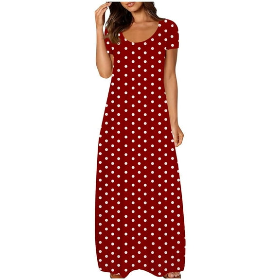 Ecqkame Maxi Dresses for Women 2025 Plus Size Loose Solid Color Dress Sexy Round Neck Short Sleeved Dress Red S