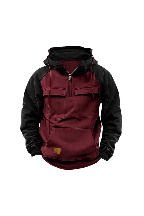 Men Cargo Tactical Sweatshirt Quarter Zip Drawstring Pullover Workout Hoodies Outdoor Sports Winter Solid Color Sweatshirt Red XXXL