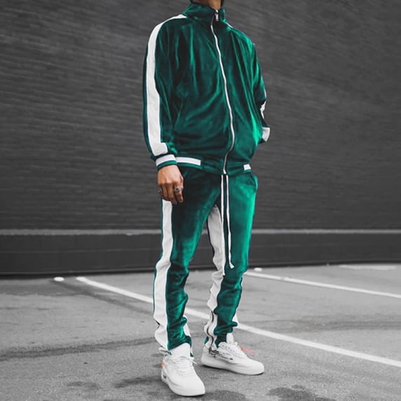 Ecqkame Men Fashion Sweatshirt Set Clearance Men's Sports Color Casual Velvet Casual Men's Two-piece Jacket Trousers Green XXXL