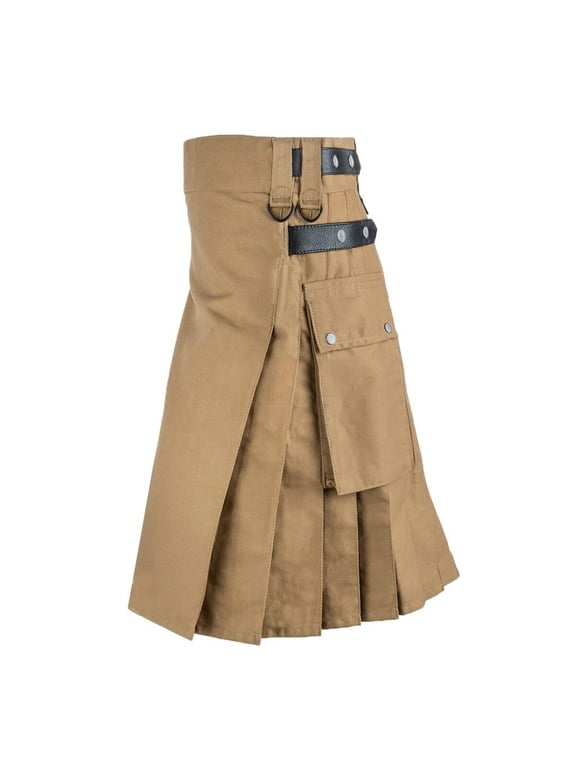 Men Scottish Modern Cotton Skirt Mens Vintage Kilt Scotland Gothic Fashion Kendo Pocket Skirts Scottish Clothing Khaki XL