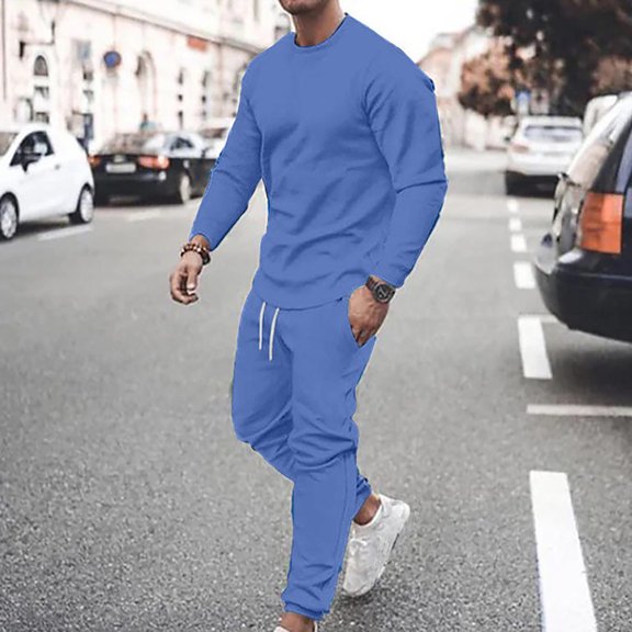Ecqkame Men Tracksuit Two Piece Set Men Casual Solid Fashion Round Neck Pullover Sports Suit Long Sleeve Trousers Two-Piece Tracksuit Blue M
