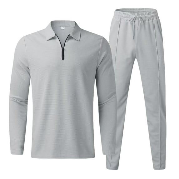 Ecqkame Men Two Piece Outfits Sets Casual Quarter Zipper Turndown Collar Long Sleeve Shirt & Long Pants Solid Color Set A-Gray M on Clearance