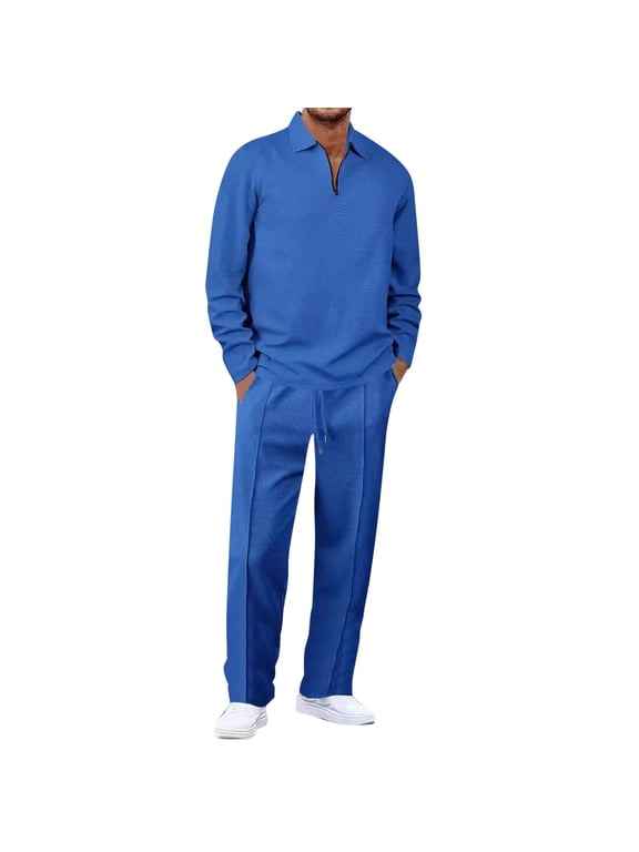 Men's 2 Pieces Outfit Sets Long Sleeve Turndown Collar Solid Shirt and Loose Straight-Leg Pants Casual Outfits Blue XXXL