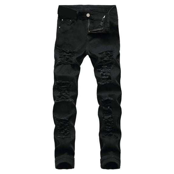 Ecqkame Men's Athletic-Fit Stretch Jean Casual Fall Denim Cotton Straight Ripped Hole Trousers Jeans Pants Full Length Pants Black S
