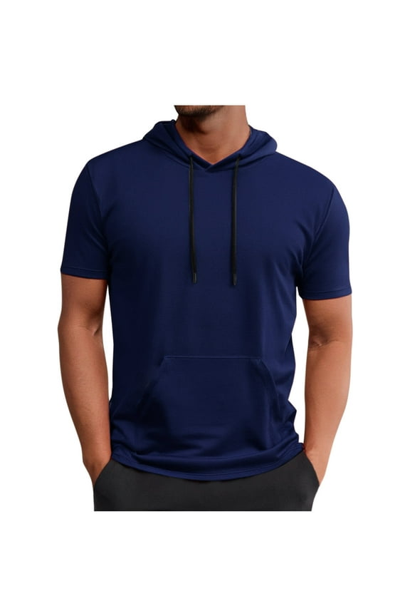 Men's Athletic Hooded Shirts Long Sleeve Workout Sport Shirt Casual Drawstring Running Pullover Top Navy XXXXL