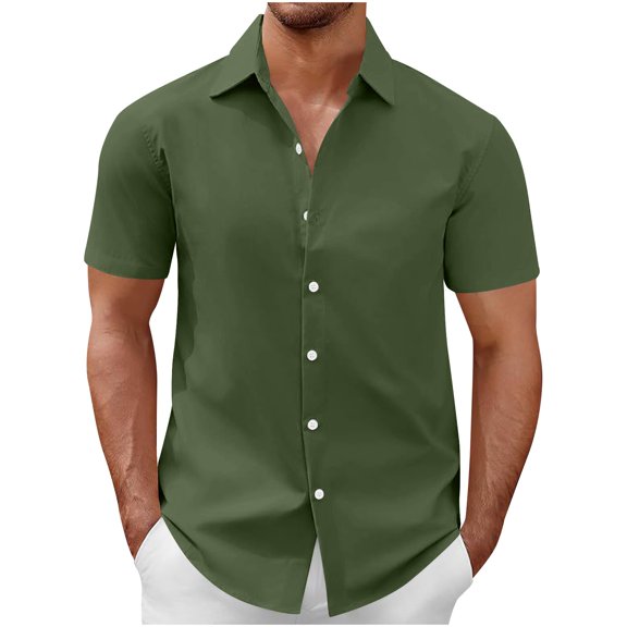 Ecqkame Men's Button Down Shirt Short Sleeve Turndown Solid Color Casual Breathable Tops Summer Business Dress Shirt Army Green M