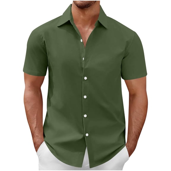 Ecqkame Men's Button Down Shirt Short Sleeve Turndown Solid Color Casual Breathable Tops Summer Business Dress Shirt Army Green S