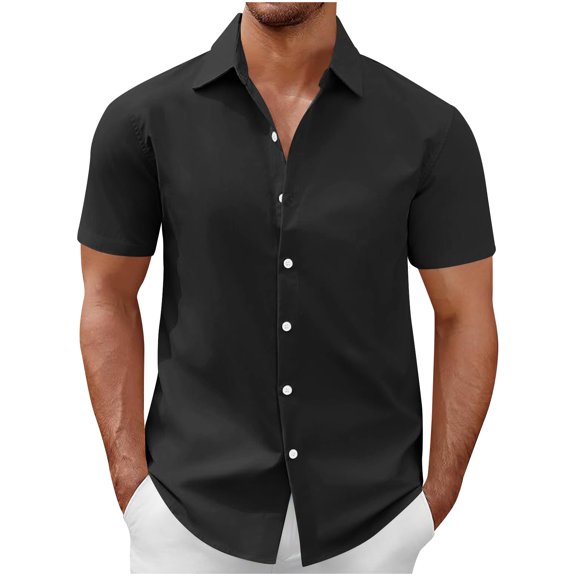 Ecqkame Men's Button Down Shirt Short Sleeve Turndown Solid Color Casual Breathable Tops Summer Business Dress Shirt Black L