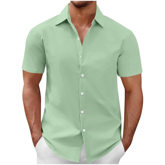 Ecqkame Men's Button Down Shirt Short Sleeve Turndown Solid Color Casual Breathable Tops Summer Business Dress Shirt Green S