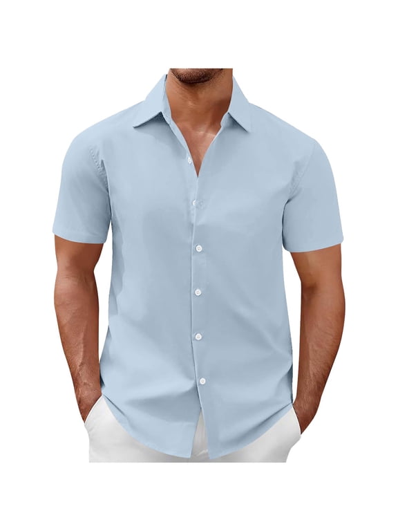 Men's Button Down Shirt Short Sleeve Turndown Solid Color Casual Breathable Tops Summer Business Dress Shirt Light Blue XL