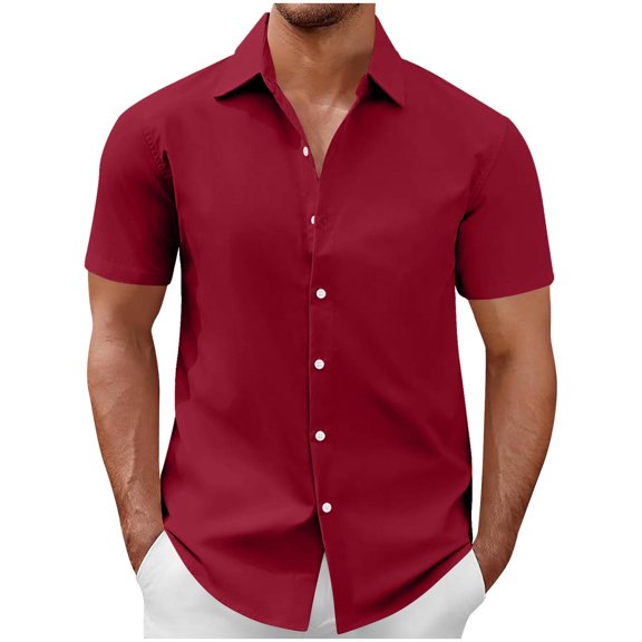 Ecqkame Men's Button Down Shirt Short Sleeve Turndown Solid Color Casual Breathable Tops Summer Business Dress Shirt Red XXL