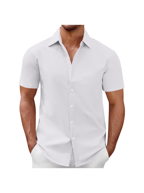 Men's Button Down Shirt Short Sleeve Turndown Solid Color Casual Breathable Tops Summer Business Dress Shirt White L