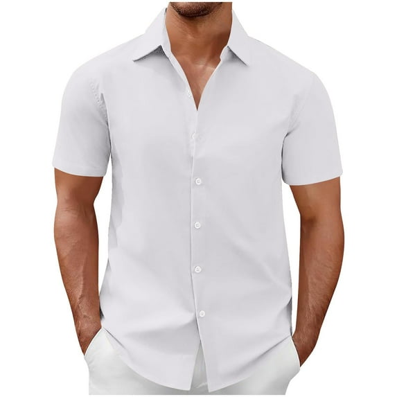 Ecqkame Men's Button Down Shirt Short Sleeve Turndown Solid Color Casual Breathable Tops Summer Business Dress Shirt White XL